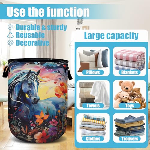Colorful Horse Floral Laundry Basket, Laundry Hamper Collapsible Oxford Cloth with Handle Clothes Toy Storage Bin for Bathroom Laundry Room Bedroom 15.7 X 20 Inch - color: Colorful Horse Floral