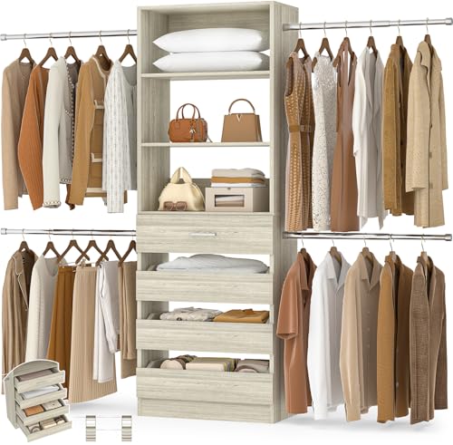 Aheaplus Closet System, 4-9Ft Closet Organizer with 4 Wooden Drawers, Wood Closet Organizer System with Tower, Walk-in Closet Organizer Wardrobe Garment Clothes Rack with 4 Hanging Rods, 2White Oak - color: White Oak