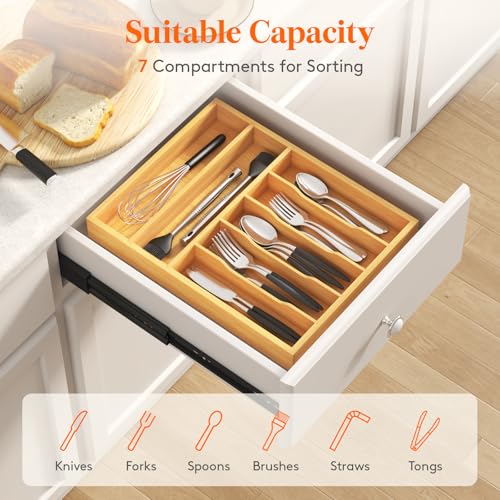 Lifewit Silverware Drawer Organizer, Utensil Tray for Kitchen, Flatware and Cutlery Holder, Storage for Spoons Forks Knives, 33 x 42cm, Natural - size: 12.9''W x 16.5''D