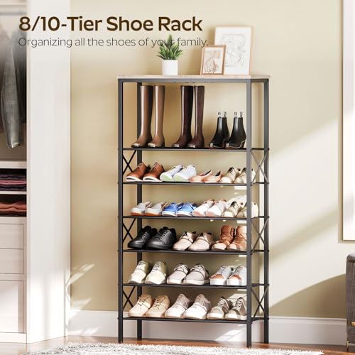 YATINEY 8 Tier Shoe Rack, Shoe Storage Organizer, Large Capacity Shoe Shelf Holds 32 Pairs of Shoes, Sturdy and Stable, for Entryway, Hallway, Closet, Dorm Room, Greige and Black SS08BG - color: Greige + Black, size: 27.8" x 10.8" x 52.6"