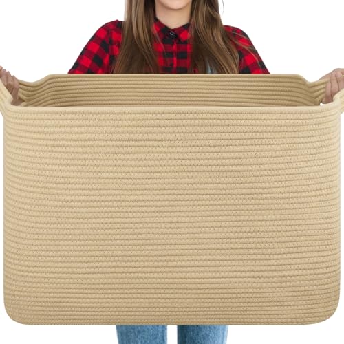 OIASKET 118L Extra Large Blanket Basket, 24.8"x17.7"x16.2" Woven Rope Baskets for Storage, Nursery Blanket Storage for Living Room, Toy Basket with Handle Organizing Comforter Cushions Pillows, Jute - color: Jute