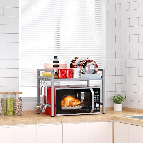 PUSDON Expandable Microwave Oven Rack, 2-Tier Countertop Baker's Rack Style Shelf, Heavy Duty Stand with 3 Hooks, 160lbs Capacity Stainless Steel Appliance Match, Silver Gray - color: Silver Grey, size: H-frame 2 tier