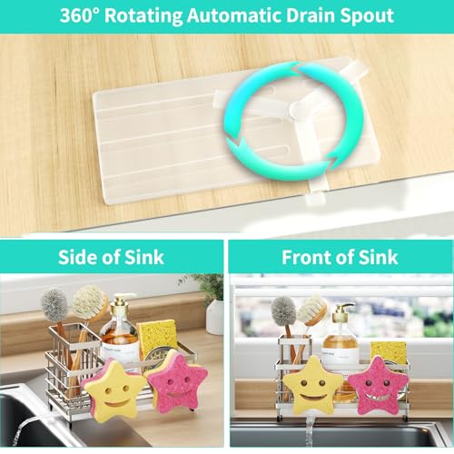 HapiRm Sink Caddy Sponge Holder - Self-draining Kitchen Sink Organizer with Smiley Face and Brush Holder, Stainless Steel Kitchen Sponge Caddy for Countertop - Brushed Nickel - color: Brushed Nickel, size: with Smiley Face Sponge Holder