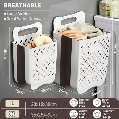 Plastic Collapsible Hanging Laundry Baskets with Carry Handle, Space-Saving Wall Hanging Laundry Basket Durable Tall Folding Plastic Laundry Hamper Waterproof Dirty Clothes Organizer XL+L - size: XL and L Set