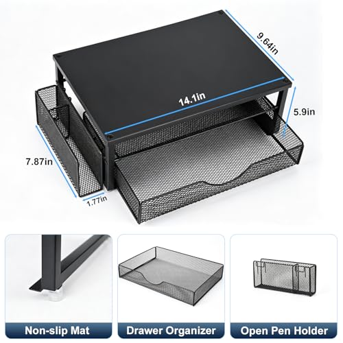Spacrea Desk Organizer and Accessories, Computer Monitor Stand Riser with Drawer and 1 Open Pen Holder, Printer & Laptop Stand, Office Desk Accessories for Home Office Supplies (Black) - color: Black - Metal Drawer