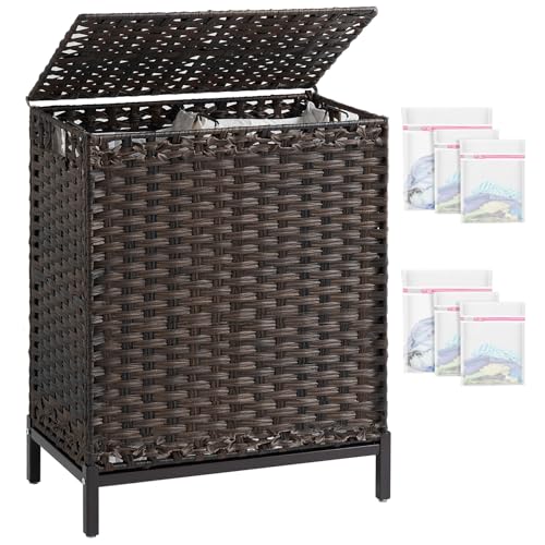 SETVSON Laundry Hamper with Lid, 112 L Handwoven Rattan Wicker Laundry Basket, 2 Removable Liner Bags Metal Heightened Feet, 6 Mesh Bags, 2 Section Large Clothes Hamper for Bathroom Bedroom, Brown - color: Brown, size: 112 L - 29.6 gal