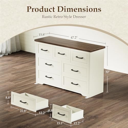 AODK Farmhouse 7 Drawer Dresser for Bedroom, 47” Wide Rustic Storage Chest with Engineered Wood Frame, Anti-Tip Design, American Country Bedroom Furniture, Walnut & Vintage White - color: Walnut & Vintage White, size: 15.7"D x 47"W x 29.8"H (7 Drawers)