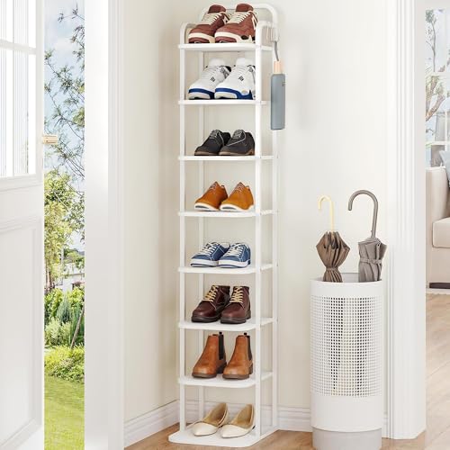 Hzuaneri 8 Tiers Vertical Shoe Rack, Narrow Shoe Tower, Tall Shoes Shelf with 2 Hooks, Adjustable Shelves, Corner Shoes Shelves for Small Spaces, Entryway, Living Room, White SR04313W - color: White, size: 8 Tier(11.8"D x 10.4"W x 53.2"H)