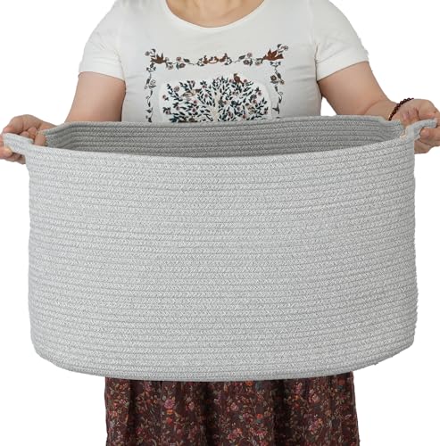 XUANGUO Large Rectangle Blankets Basket Living Room 22"x17"x12" Woven Cotton Rope Storage Baskets for Nursery Toy Baskets for Kids and Dogs Laundry Basket Bin for Clothes Towels grey - color: grey