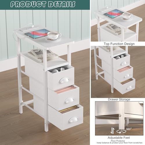 Sthmec End Table with Charging Station,Narrow Side Tables with USB Ports and Outlets,Skinny Bedside Tables with 3 Drawers,Small Tables Nightstands for Small Space,Slim Sofa Table for Livingroom, White - color: White, size: 7.88'' W*15.75'' D*24.3'' H, sty
