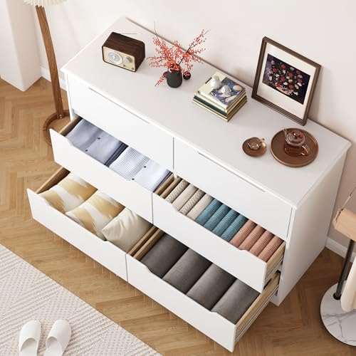 Gizoon 6 Drawer Double Dresser for Bedroom with Anti-Tip Design, Modern Wide Wooden Chest of Drawers with Cut-Out Handles, Closet Storage Organizer and TV Stand for Living Room, Hallway, Entryway - color: White, size: 15.7"D x 47.3"W x 31.5"H (6 Drawers)
