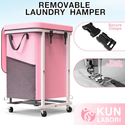 40 Gal(150L) High Grade Large Laundry Basket with Wheels, Rolling Laundry Hamper, Laundry Cart with Metal Frame and Removable Bag Design, Suitable for Laundry Room, Bedroom (Pink, 150L) - color: Pink, size: 1 Section 150L
