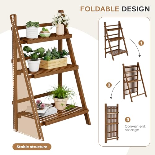 39.4" Bamboo Ladder Shelf Plant Shelf, 3 Tier Foldable Ladder Flower Pot Display Shelf Rack, 23.6"W x 15"D x 39.4"H, Freestanding Bookshelf for Garden, Balcony, Yard, Patio, Lawn, Living Room, Walnut - color: 3-tier Walnut