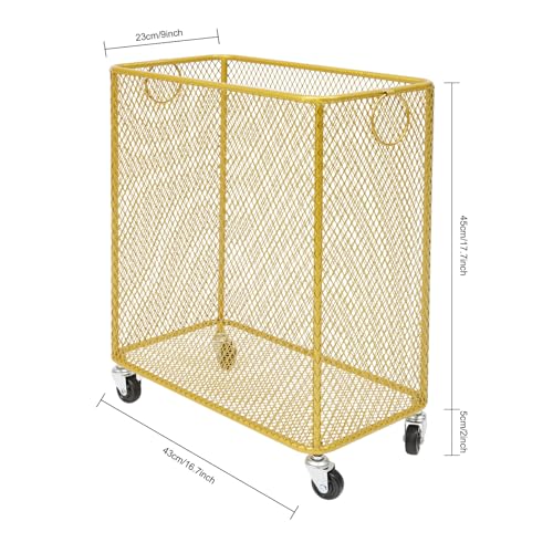 Gold Metal Laundry Basket with Wheels, Rolling Laundry Hamper Cart Gold Mesh Laundry Clothes Sorter Storage Cart Organizer Shelf Basket Durable for Laundry Room - color: Gold