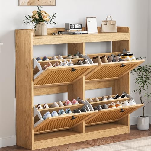 GarveeHome Shoe Cabinet Rattan with 4 Flip Drawers, Wooden Freestanding Shoe Organizer with Adjustable Shelves, Shoe Storage for Entryway, Closet, Hallway - color: Light Oak, size: 4-Drawers