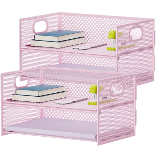 Marbrasse 2 Tier Paper Organizer Letter Tray, Mesh File Organizer with Handle, Paper Sorter Desk Organizer for Home Office Supplies - 2P Pink - color: 2p Pink