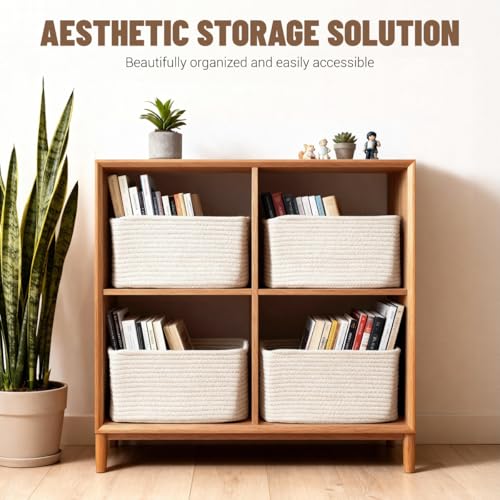 5 Pack White Woven Storage Baskets for Shelves, Decorative Basket Organizer Storage Bins for Toys, Books, Clothes, Closet, Nursery, Bathroom – Cotton Rope Shelf Baskets for Organizing and Decor - color: White