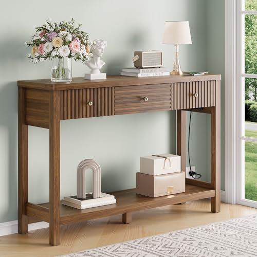 47 Inch Fluted Console Table with Outlets and USB-C Port, Mid Century Modern Sofa Table with 3 Drawers and Open Shelf, Entryway Table with Charging Station for Behind Couch, Hallway, Foyer, Walnut - color: Walnut