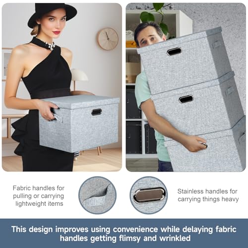 Graciadeco Large 17" 36 Quart Collapsible Stackable Storage Bins with Lids, 3 Packs Blue-Grey Linen Fabric Closet Boxes with Lids, Storage Cube Baskets Container Organizers for Bedroom (17x12x11) - color: Blue-Grey, size: Large -3 Pack