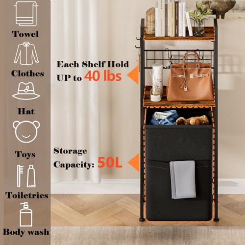 Furnulem Laundry Hamper, Vertical Laundry Basket with 2 Tiers Wooden Shelf and Hooks, Clothes Hamper with Pull-Out and Removable Bag for Bathroom, Bedroom, Dorm, 13.21 Gallons (50L) - size: 1-Bag Laundry Hamper