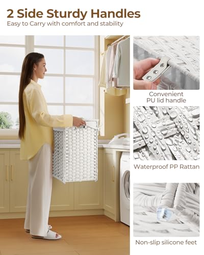 Greenstell Laundry Hamper with Lid, 60L Clothes Hamper with 2 Removable Liner Bags & 2 Mesh Bags, Handwoven Synthetic Rattan Basket, Toys in Bathroom, Bedroom White - color: White, size: 60L (13.4 x 13.4 x 21.7 inches)