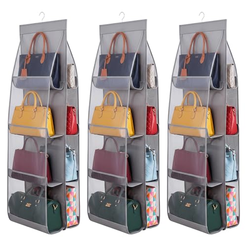 3 Packs Hanging Handbag Organizer for Closet, Purse Organizer For Closet, Purse Storage Holder with 8 Clear Pockets, Space Saving Purses Hanger for Wardrobe Door Wall, Gray