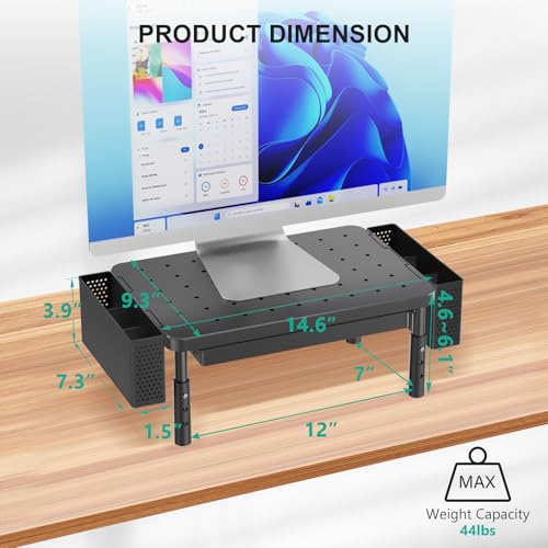 WALI Computer Monitor Stand with Storage, Desk Organizer with Drawer and Pen Holder, Desk Monitor Riser 3 Height Adjustable, Laptop Riser for Computer, Laptop, Printer(PTT003-B), 1 Pack, Black - color: Matte Black, size: with Drawer and Pen Holder