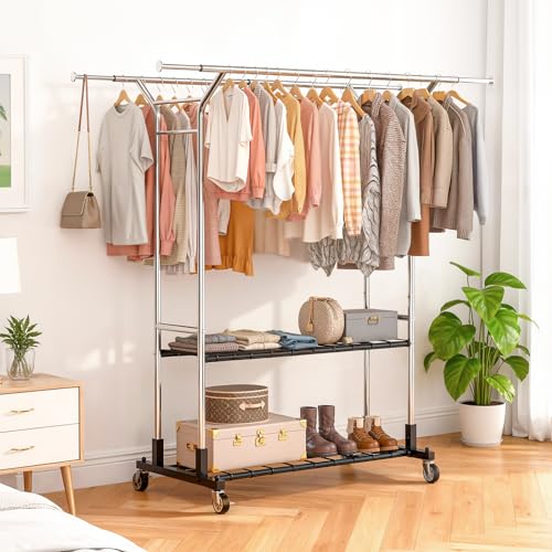 Luxspire Heavy Duty Clothes Rack Load 650 LBS, Double Rod Clothing Racks for Hanging Clothes, Rolling Garment Racks with Lockable Wheels, Shelves, Adjustable Laundry Hanging Rack, Silver - color: Silver