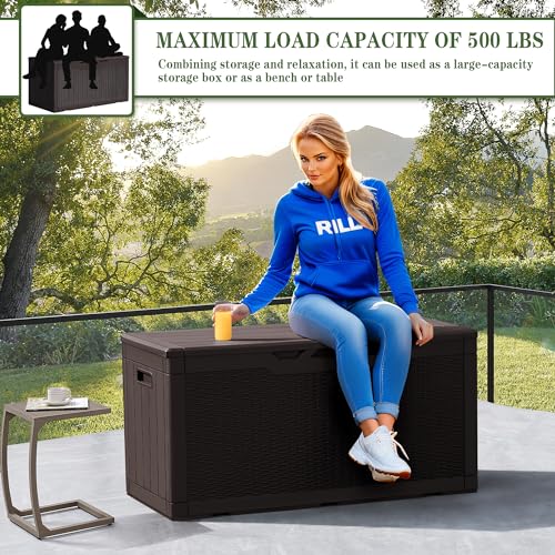 Greesum 100 Gallon Resin Deck Box Large Outdoor Storage, Imitation Rattan Weave Texture for Patio Furniture, Garden Tools, Pool Supplies, Weatherproof and UV Resistant, Lockable, Dark Brown - color: Dark Brown, size: 100 Gallon