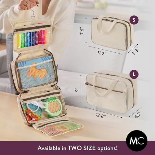 Kids Travel Organizer – Multi-Compartment, Water-Resistant Hanging Bag for Toys, Snacks, & Activities - Compact, Lightweight Design with Hook & Carry Handle - Perfect for Travel Use (Beige, Small) - color: Beige, size: Small