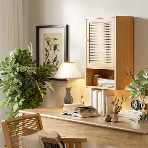 Bathroom Wall Cabinet, Bamboo Over-The-Toilet Storage Organizer with Rattan Doors and Adjustable Shelf, Space Saver Medicine Cabinet for Laundry, Kitchen, Living Room (Natural) - color: Natural