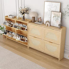 Patikuin Narrow Rattan Shoe Cabinet, 4 Semi-Circular Flip Doors Freestanding Shoe Storage Organizer, MDF Wooden Hidden Slim Shoe Rack for Entryway, Hallway, Foyer, Living Room - size: 4 Flip Drawers