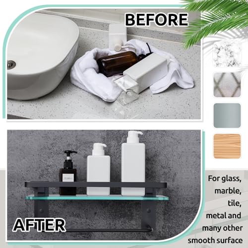 Suzile Set of 2 Glass Bathroom Shelves with Bar, Wall Mounted 15.7 x 4.7 Inches, Bathroom Shelves Hanging Modern Floating Shelf Metal Stick Room Rustproof Organizer Decorative(Black) - color: Black