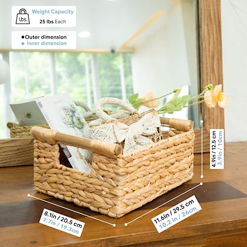 VATIMA Hyacinth Small Wicker Basket 11.6x8.1x4.9" - Bathroom Organizer, Wooden Handle, Decorative Storage - color: Water Hyacinth, size: Small (11.6"L x 8.1"W x 4.9"H)