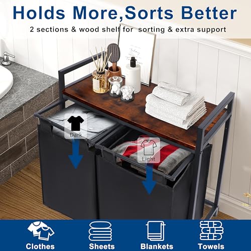 Whitmor Laundry Sorter, 92L Laundry Hamper with Shelf & 2 Removable Bags, 2 x 12.1 Gallons (46L), 28.8 x 13 x 28.4 Inches, Dirty Clothes Hamper Organizer for Laundry Room, Bathroom, Dorm, Black - size: 2 Section，Black
