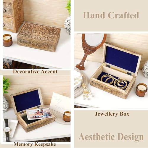 Ajuny Wooden Jewelry Box Tree of Life Carvings Travel Trinket Holder Storage Case Handmade Treasure Box Keepsake 8x5 Inch Multipurpose Organizer Unique Gifts for Men & Women - style: Center Small Tree