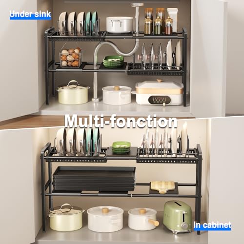 Mustorn Pots and Pans Organizer Under Cabinet, Expandable 2 Tier Under Sink Organizers and Storage Adjustable Height Kitchen Pot and Pan Lid Holder Rack with 12 Dividers Under Cabinet Shelf(Black) - size: 4panels &2 pot rack-2 Tier