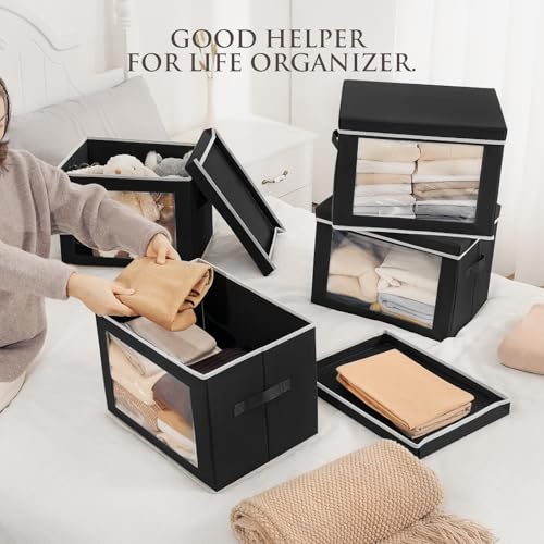 Homsorout Large Storage Bins with Lids - Fabric Storage Cubes with Window, Collapsible Bins for Clothes, 15.7 Inch Large Baskets for Bedroom, Dorm, Office, Black, 6 Pack - color: Black, size: XL(6-Pack)