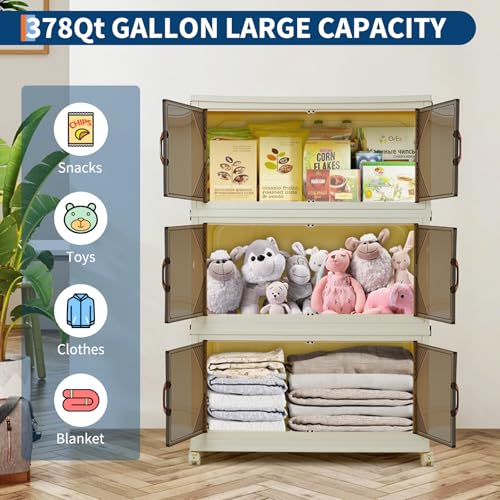 GarveeHome 378QT Stackable Storage Bins, Folding Storage Box with Magnetic Doors & Wheels, Loset Organizers and Storage with Lids, Collapsible Plastic Drawers for Bedroom Kitchen Office, White - color: 3rd floor, size: 126QT