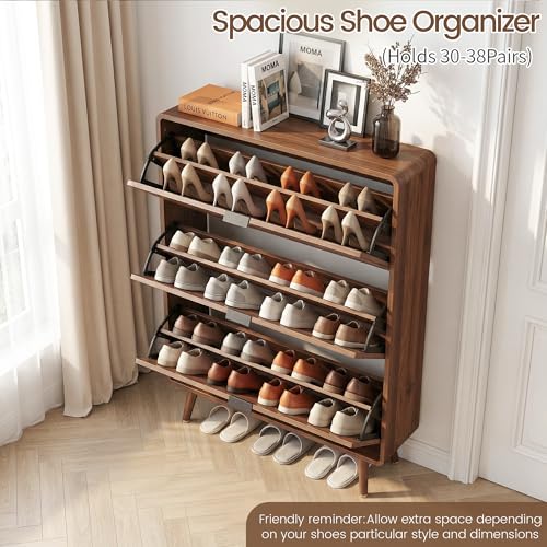 FurSch Fluted Shoe Storage Cabinet with 3 Flip Drawers, Narrow Shoe Rack Cabinet Organizer with Adjustable & Removable Shelves for Entryway (All Walnut, 3 Drawers) - color: All Walnut, size: 3 Drawers