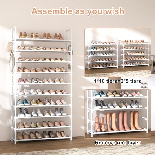 VTRIN 10 Tiers Shoe Rack Tall Large Capacity Wide Shoe Organizer Sturdy Shoe Shelf for Entryway with Two Hooks Metal Shoe Storage for Closet, Bedroom, White - color: White, size: 32.3" Wide - 10 Tier