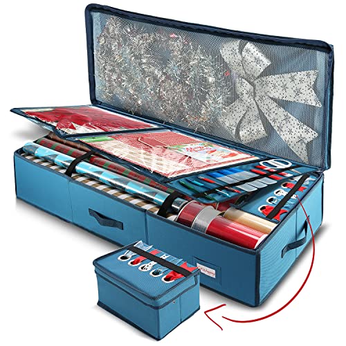 Hearth & Harbor Wrapping Paper Storage Container - Christmas Storage Bag with Ribbon Dispenser and Interior Pockets - Gift Wrap Organizer Fits Up to 26 Rolls of 40" Length, Blue - color: Blue, size: Large