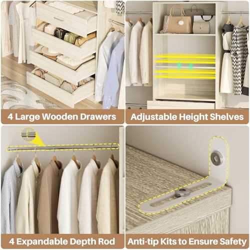 Aheaplus 4-9Ft Closet System, Closet Organizer with 4 Wooden Drawers, Wood Closet Organizer System with Tower, Walk-in Closet Organizer Wardrobe and Storage with 4 Hanging Rods, White Oak - color: White Oak-1Set