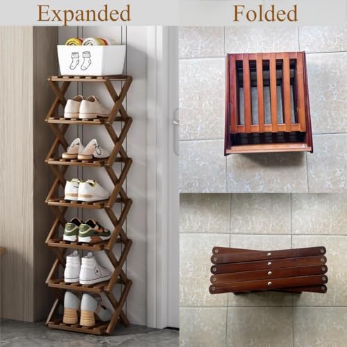 Foldable Shoe Rack, Bamboo Vertical Shoe Organizer Tall for Small Spaces. Multifunctional Narrow Shoe Shelf for Entryway, Closet, Corner, Bedroom, Hallway, Brown Color 5 Layers - color: Brown, size: 5 Layers