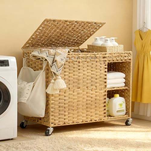 Laundry Hamper with Lid, 160L Rattan Wicker Laundry Basket with Wheels, Handwoven Laundry Hamper 3-Section with Storage shelf(42.3 Gal), Laundry Sorter Basket with Removable Liner, Natural HLH033N - color: Nature, size: 33.5”L x 13”W x26.4”H