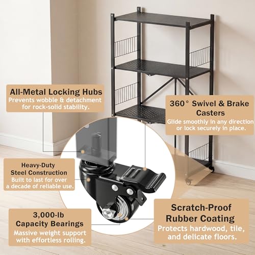 Folding Storage Shelves, 4-Tier Metal Foldable Shelf Shelving Rack Organizer On Rolling Wheels in Kitchen Warehouse Patio Pantry Garage Collapsible Shelves No Assembly (Black, 4-Layer) - color: Black/4-tier