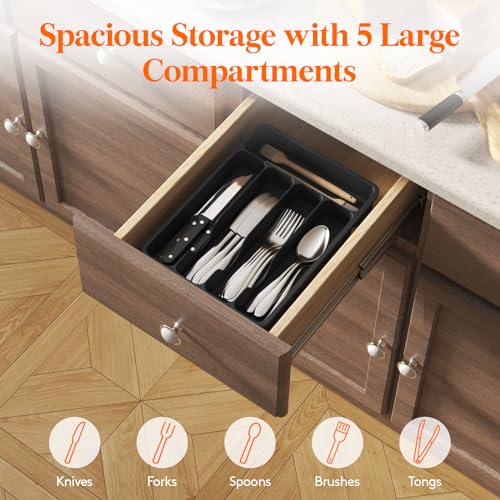 Lifewit Silverware Drawer Organizer Tray, Plastic Cutlery Storage for Kitchen, Flatware and Utensil Holder Divider for Spoons Forks Knives Tableware, 9.1 x 12.6", 5 Slots, Black - color: Black, size: 9.1 x 12.6 inch (5 Slots)