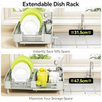 Urackify Extendable Dish Drying Rack, Dual Part Dish Drainers with Non-Scratch and Movable Cutlery Drainer and Drainage Spout, Adjustable Dish Rack for Kitchen, Gray & White - color: Soft Celery Green