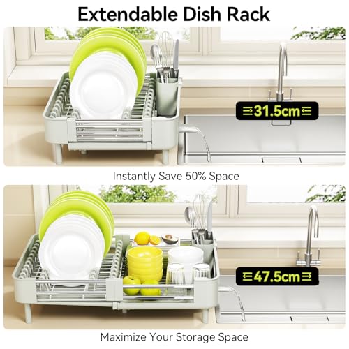 Urackify Extendable Dish Drying Rack, Dual Part Dish Drainers with Non-Scratch and Movable Cutlery Drainer and Drainage Spout, Adjustable Dish Rack for Kitchen, Gray & White - color: Soft Celery Green