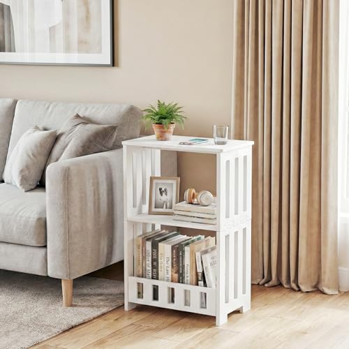 HAYOFAMY 3 Tier Side Table Night Stand, Narrow End Table with Display Shelf, Small Bookcase Bookshelf, Simple Bedside Table Storage Rack for Bedroom, Living Room, Office, Bathroom, White